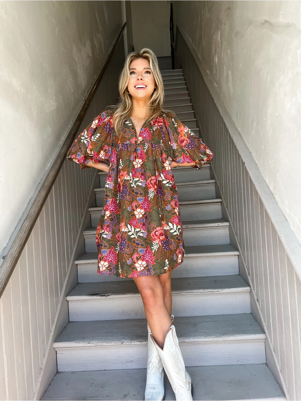 Olive Floral Puff-Sleeve Mini Dress with Pink and Red Blooms NWT